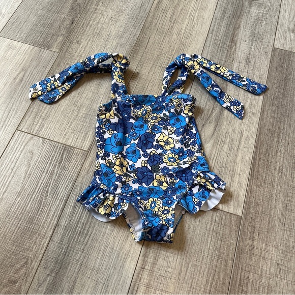 Floral Blue and Yellow Kids One-Piece Swimsuit Blue Floral Tie Strap Skirt 9-12M - Picture 2 of 12